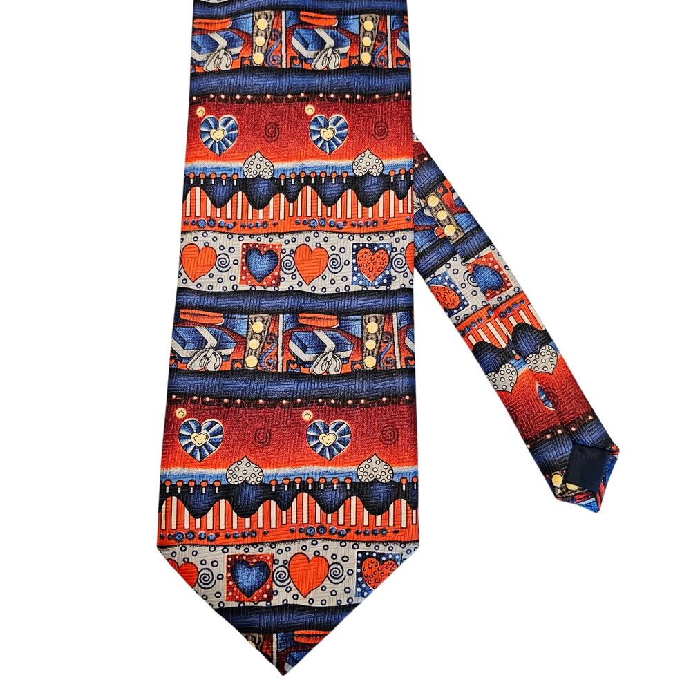 Men Tie Red Blue Hearts Striped Fun Print Novelty 90s Polyester Made in Korea